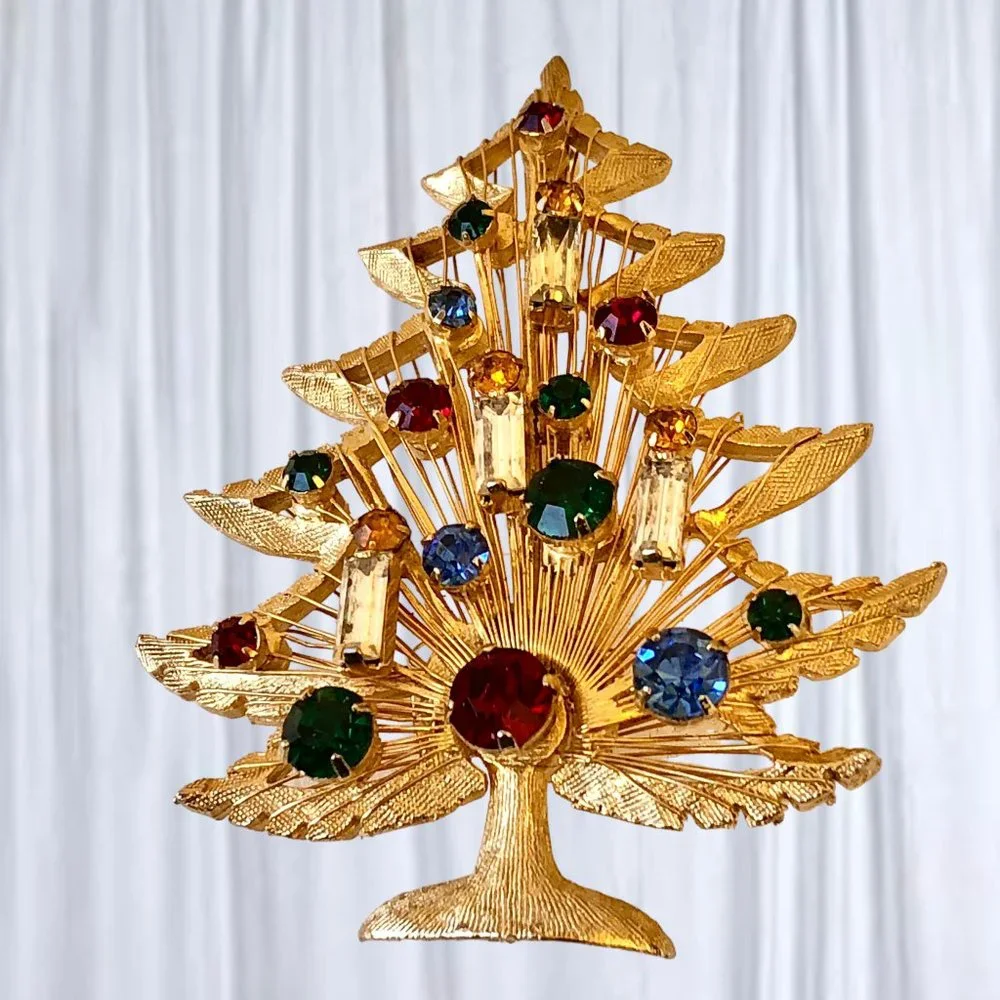Brooks Christmas Tree Pin Brooch Vtg Goldtone Harp Rhinestones Candles Signed